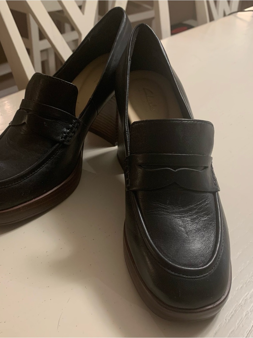 Clarks Black Leather Penny Loafers with Stacked Heel